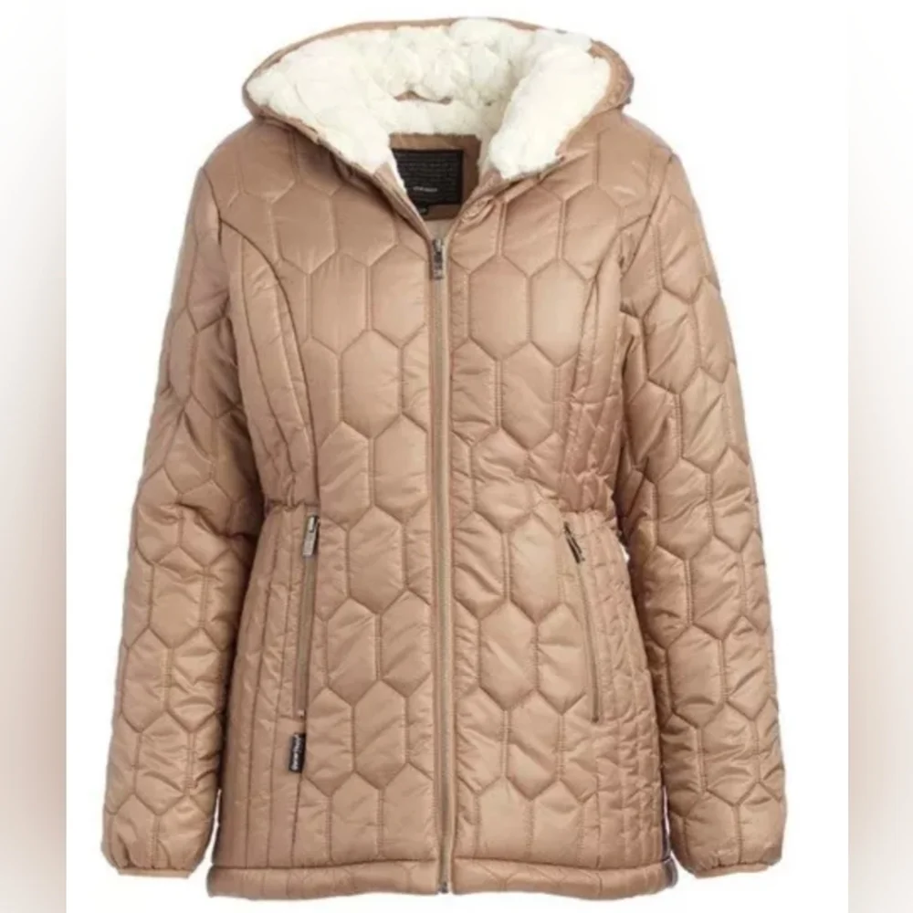 Steve Madden Champagne Hooded Glacier Quilted Shield Puffer Jacket /Small NWT